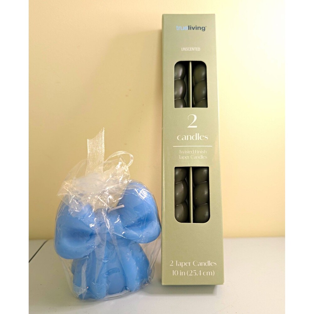 True Living Unscented Twisted Finish Taper Candles 10 in Black 2-Pack and blue
